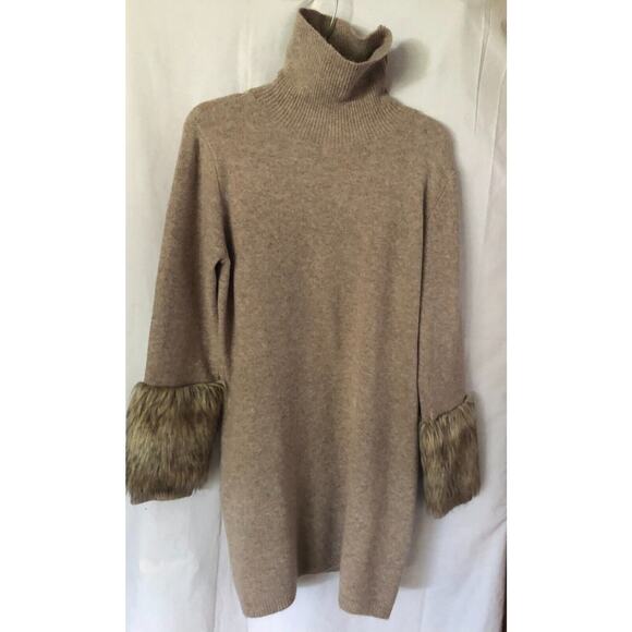 Boston Proper Tan Knit Pullover Turtleneck Dress with faux fur sleeve ends Sz L - Picture 9 of 9